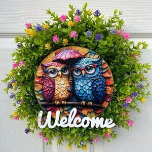 “Welcome” Wreath Multi-Color “OWLS”Floral Artificial for Outdoors or Indoors NEW